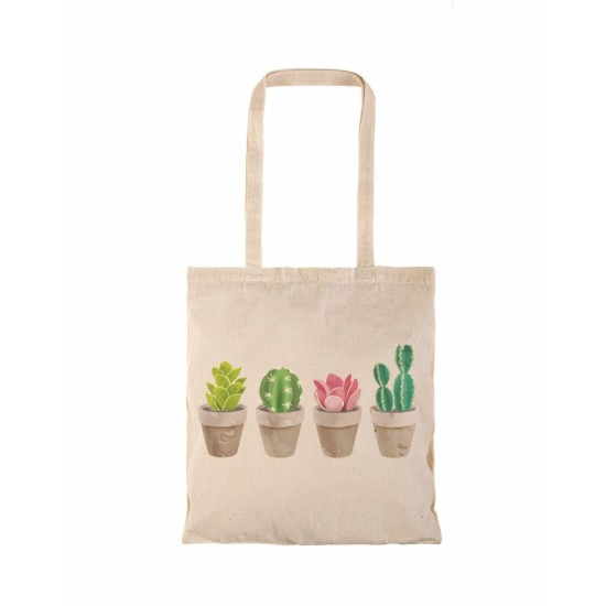 Τσάντα αγοράς ( NATURAL) με μακριά χερούλια with cactus