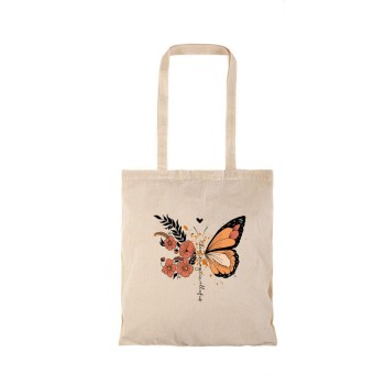 Τσάντα αγοράς ( NATURAL) με μακριά χερούλια  BUTTERFLY AND FLOWERS