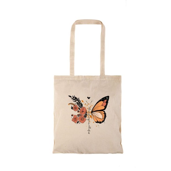Τσάντα αγοράς ( NATURAL) με μακριά χερούλια  BUTTERFLY AND FLOWERS