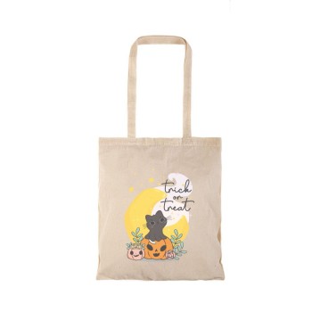 Τσάντα αγοράς ( NATURAL) με μακριά χερούλια CUTE CAT HALLOWEN