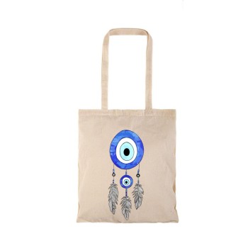 Τσάντα αγοράς ( NATURAL) με μακριά χερούλια EVIL EYE BEAD