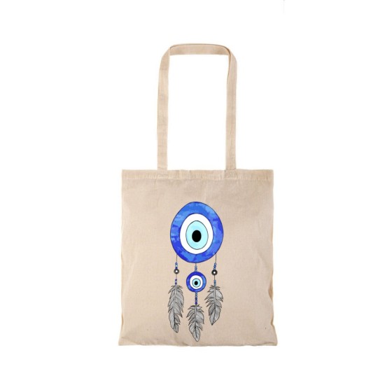 Τσάντα αγοράς ( NATURAL) με μακριά χερούλια EVIL EYE BEAD